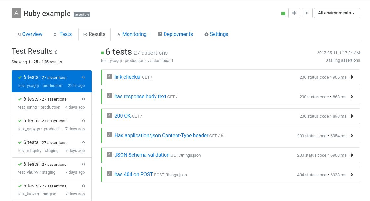 Viewing API test results in Assertible